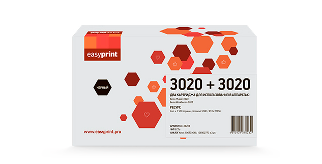 

Картридж лазерный EasyPrint LX-3020D (106R03048), черный, 1500 страниц, 2 шт., совместимый для Xerox Phaser 3020/WorkCentre 3025 с чипом