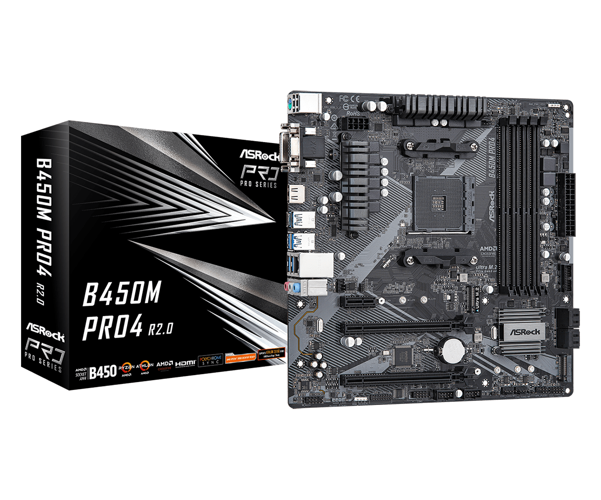 

Материнская плата ASRock B450M PRO4 R2.0, SocketAM4, AMD B450, 4xDDR4, 2PCI-Ex16, 4SATA3, 7.1-ch, GLAN, 8 USB 3.2, VGA, DVI, HDMI, mATX, Retail, B450M PRO4 R2.0