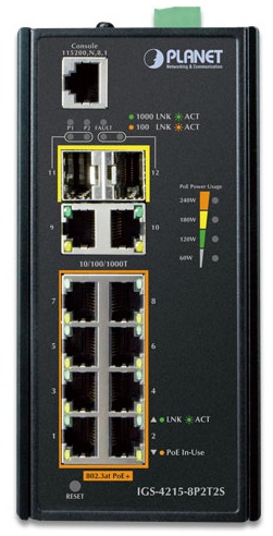 Коммутатор Planet IGS-4215-8P2T2S, управляемый, кол-во портов: 10x1 Гбит/с, кол-во SFP/uplink: SFP 2x1 Гбит/с, PoE: 8x30Вт (IGS-4215-8P2T2S)
