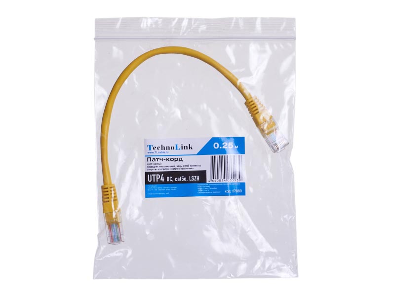 

Патч-корд UTP кат.5e, 0.25м, RJ45-RJ45, желтый, LSZH, Technolink (T.BC.UTP.5e-0.25m-6-lszh / 57089)