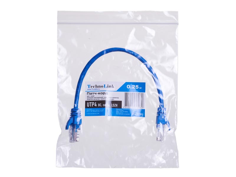 Патч-корд UTP кат.5e, 0.25м, RJ45-RJ45, синий, LSZH, Technolink (T.BC.UTP.5e-0.25m-5-lszh / 57093)