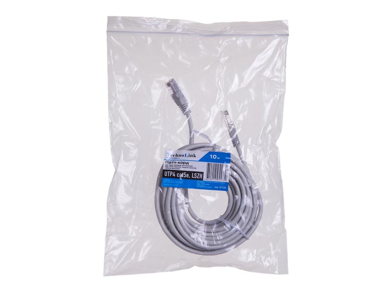 

Патч-корд UTP кат.5e, 10м, RJ45-RJ45, серый, LSZH, Technolink (T.BC.UTP.5e-10.0m-2-lszh / 57109)
