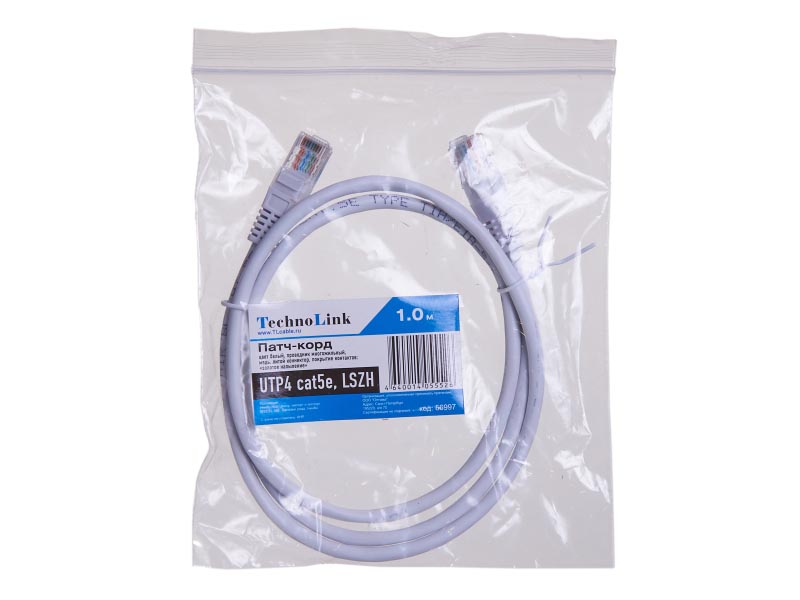 

Патч-корд UTP кат.5e, 1м, RJ45-RJ45, белый, Technolink (T.BC.UTP.5e-1.0m-0-lszh / 56997)