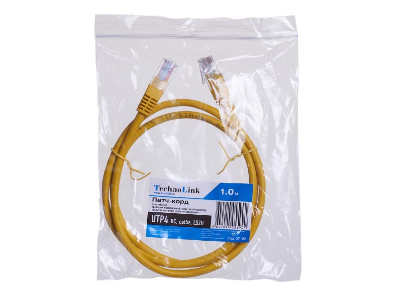 

Патч-корд UTP кат.5e, 1м, RJ45-RJ45, желтый, LSZH, Technolink (T.BC.UTP.5e-1.0m-6-lszh / 57102)