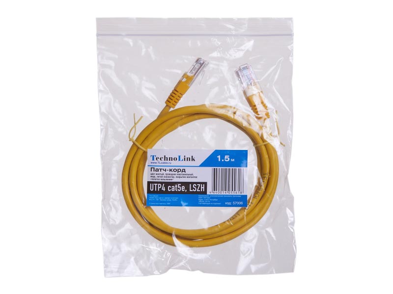 

Патч-корд UTP кат.5e, 2м, RJ45-RJ45, желтый, LSZH, Technolink (T.BC.UTP.5e-2.0m-6-lszh / 57111)
