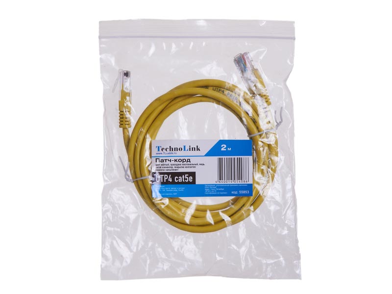 

Патч-корд UTP кат.5e, 2м, RJ45-RJ45, желтый, Technolink (T.BC.UTP.5e-2.0m-6 / 55853)