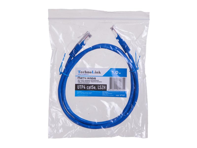 

Патч-корд UTP кат.5e, 1м, RJ45-RJ45, синий, LSZH, Technolink (T.BC.UTP.5e-1.0m-5-lszh / 57107)