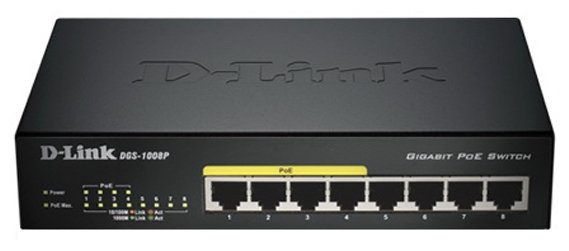 

Коммутатор D-link DGS-1008P, кол-во портов: 8x1 Гбит/с, PoE: 4x30Вт (макс. 80Вт) (DGS-1008P/E1A), DGS-1008P