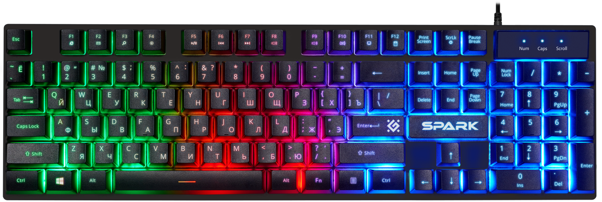 

Клавиатура проводная Defender Spark GK-300L RU, мембранная, подсветка, USB, черный (45300), Spark GK-300L RU