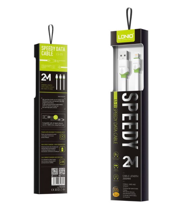 

Кабель USB 2.0(Am)-Micro USB 2.0(Bm), плоский, 2.4A быстрая зарядка, 2м, белый LDNIO LS35 (LD_B4509), LS35