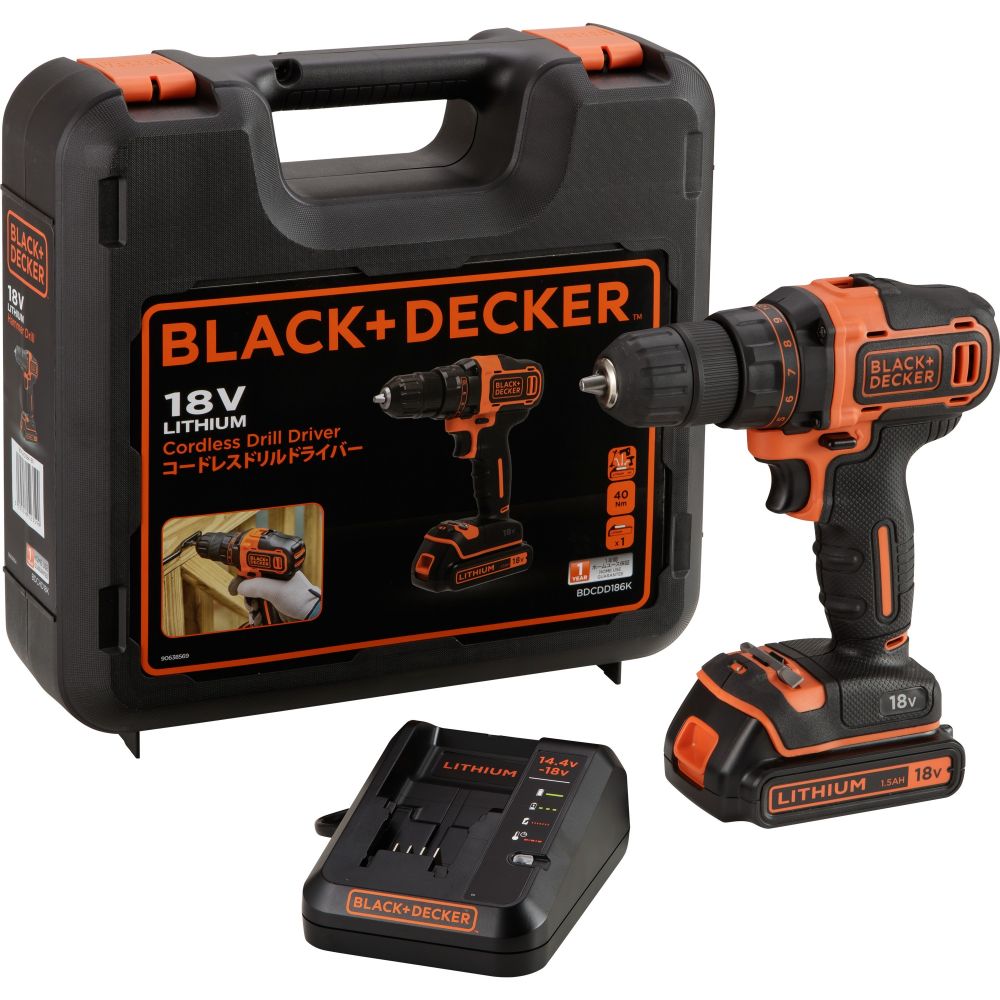 Дрель-шуруповерт BLACK+DECKER BDCDD186K1B-QW, аккумуляторный, 40 нм, 1400 об/мин, 18V, 1.5 А·ч, Li-Ion, два акб, быстрозажимной патрон, кейс, 840 г (BDCDD186K1B-QW)