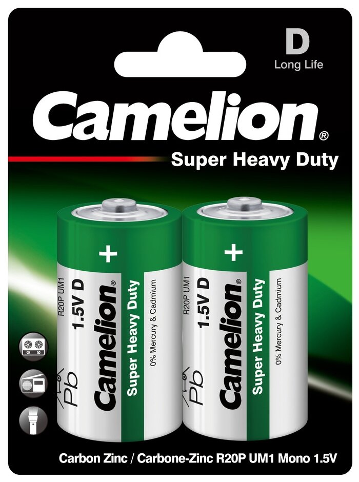 

Батарейка Camelion R20 BL-2, D (LR20/13А), 1.5V, 2 шт. (R20P-BP2G)