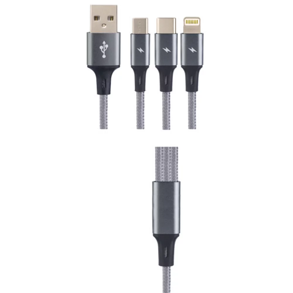 

Кабель USB-Micro USB/USB Type-C/Lightning 8-pin, 1.2м, серый PERFEO (U5001)