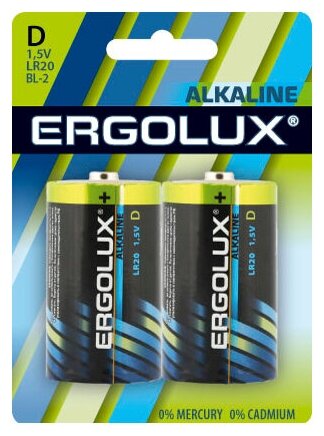 

Батарейка Ergolux Alkaline, D (LR20/13А), 1.5V, 2 шт. (LR20 BL-2)