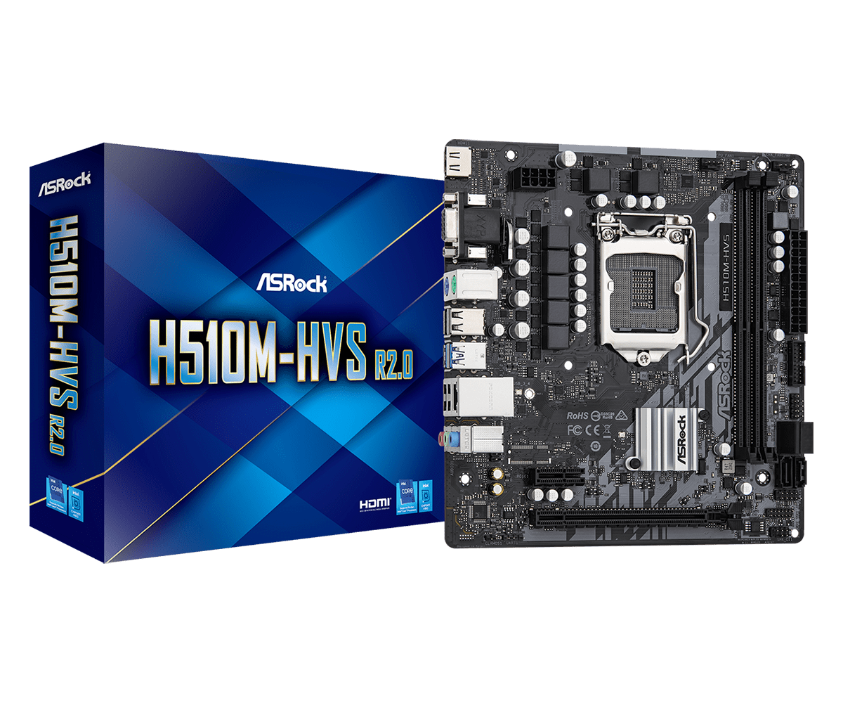 Материнская плата ASRock H510M-HVS R2.0, Socket1200, Intel H510, 2xDDR4, PCI-Ex16, 4SATA3, 7.1-ch, GLAN, 4 USB 3.2, VGA, HDMI, mATX, Retail