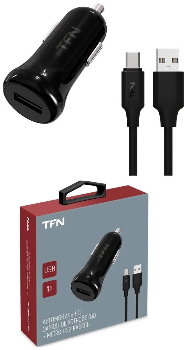 Автомобильное зарядное устройство TFN 1А+microUSB, 1А, черный (TFN-CC1U1AMICBK)