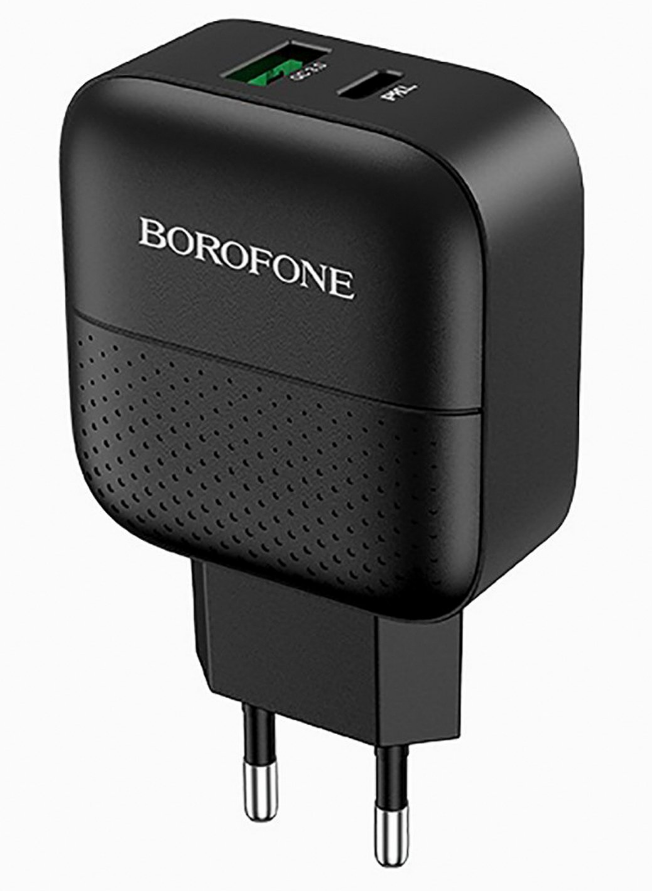 Сетевое зарядное устройство Borofone BA46A 18W, 2USB, USB type-C, Quick Charge, PD, 3A, черный - фото 1