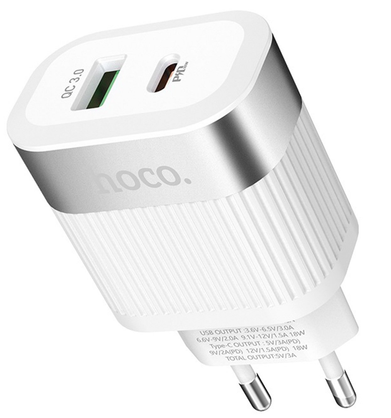 

Сетевое зарядное устройство Hoco C58A 20W, 2USB, USB/USB type-C, USB type-C, Quick Charge, PD, 3A, белый, C58A