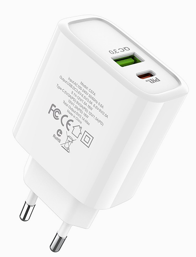 

Сетевое зарядное устройство Hoco C57A 18W, 2USB, USB/USB type-C, USB type-C, Quick Charge, PD, 3A, белый, C57A