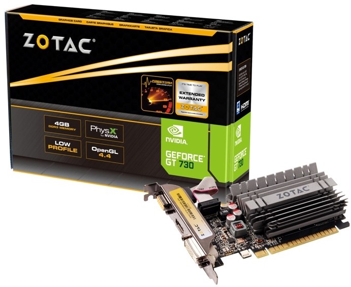 Видеокарта ZOTAC NVIDIA GeForce GT730 Zone Edition, 4Gb DDR3, 64bit, PCI-E, VGA, DVI, HDMI, Retail (ZT-71115-20L)