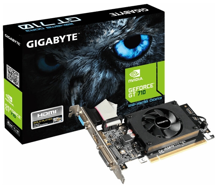 Видеокарта GIGABYTE NVIDIA GeForce GT710, 2Gb DDR3, 64bit, PCI-E, VGA, DVI, HDMI, Retail (GV-N710D3-2GL 2.0)