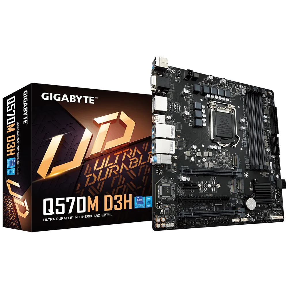 

Материнская плата GIGABYTE Q570M D3H, Socket1200, Intel Q570, 4xDDR4, 2PCI-Ex16, 5SATA3, 7.1-ch, GLAN, 7USB 3.2, USB Type-C, VGA, HDMI, DisplayPort, mATX, Retail, Q570M D3H