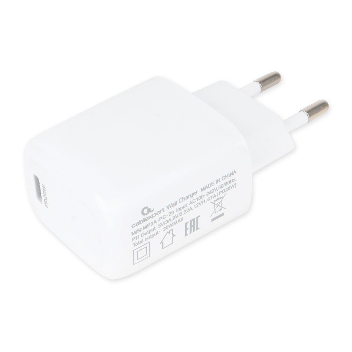 

Сетевое зарядное устройство Cablexpert MP3A-PC-29 20W, USB type-C, Quick Charge, PD, 3A, белый (18929), MP3A-PC-29