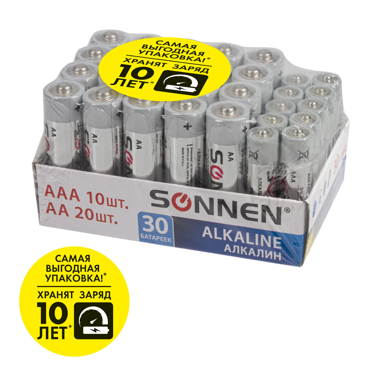 

Батарея SONNEN Alkaline, КОМПЛЕКТ 30 (20+10) шт., AA+ААА, 1.5V, 30 (20+10) (4606224279060 )