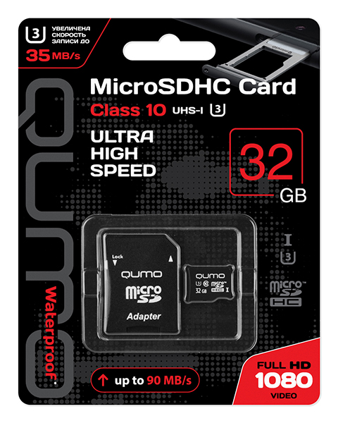 Карта памяти 32Gb microSDHC Qumo Class 10 UHS-I U3 + адаптер