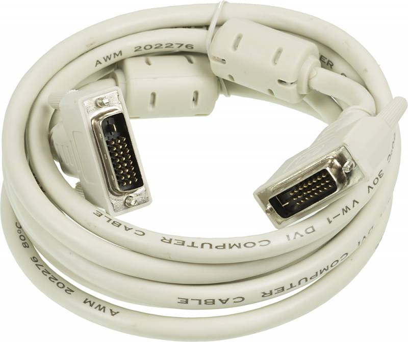 Кабель DVI-D(25M)-DVI-D(25M) Dual Link, ферритовый фильтр, 3м, серый Ningbo (RD-DVI -3-BR) - фото 1