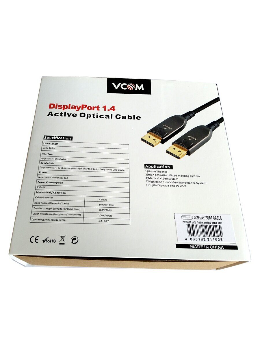 

Кабель DisplayPort(20M)-DisplayPort(20M) v1.4 4K, 8K, 15 м, черный VCOM (D3751-15M)