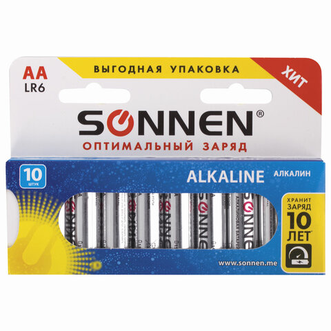 

Батарея SONNEN Alkaline, AA, 1.5V, 10шт. (451086)