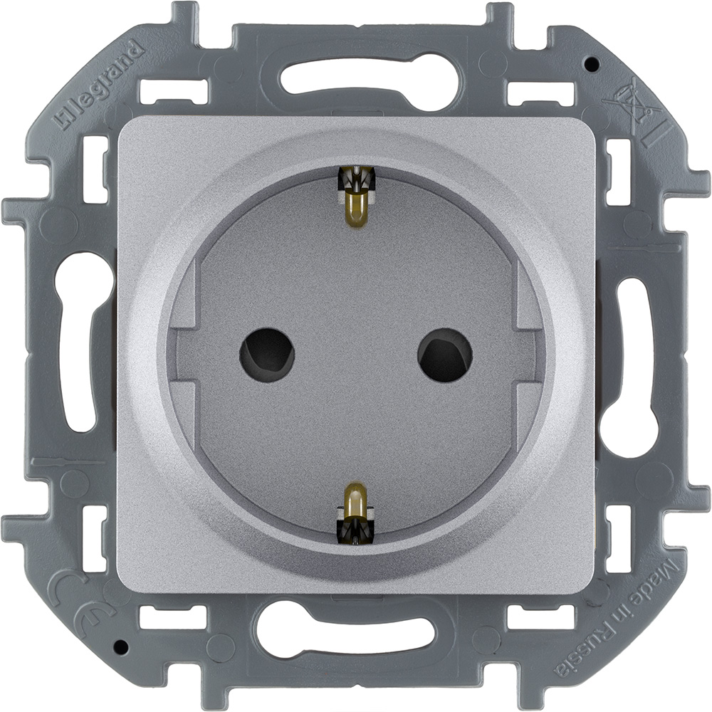 

Розетка Legrand Inspiria, скрытый монтаж, однопостовая, с з/к, со шторками, 16A, механизм с накладкой и суппортом, IP20, алюминий (673732)