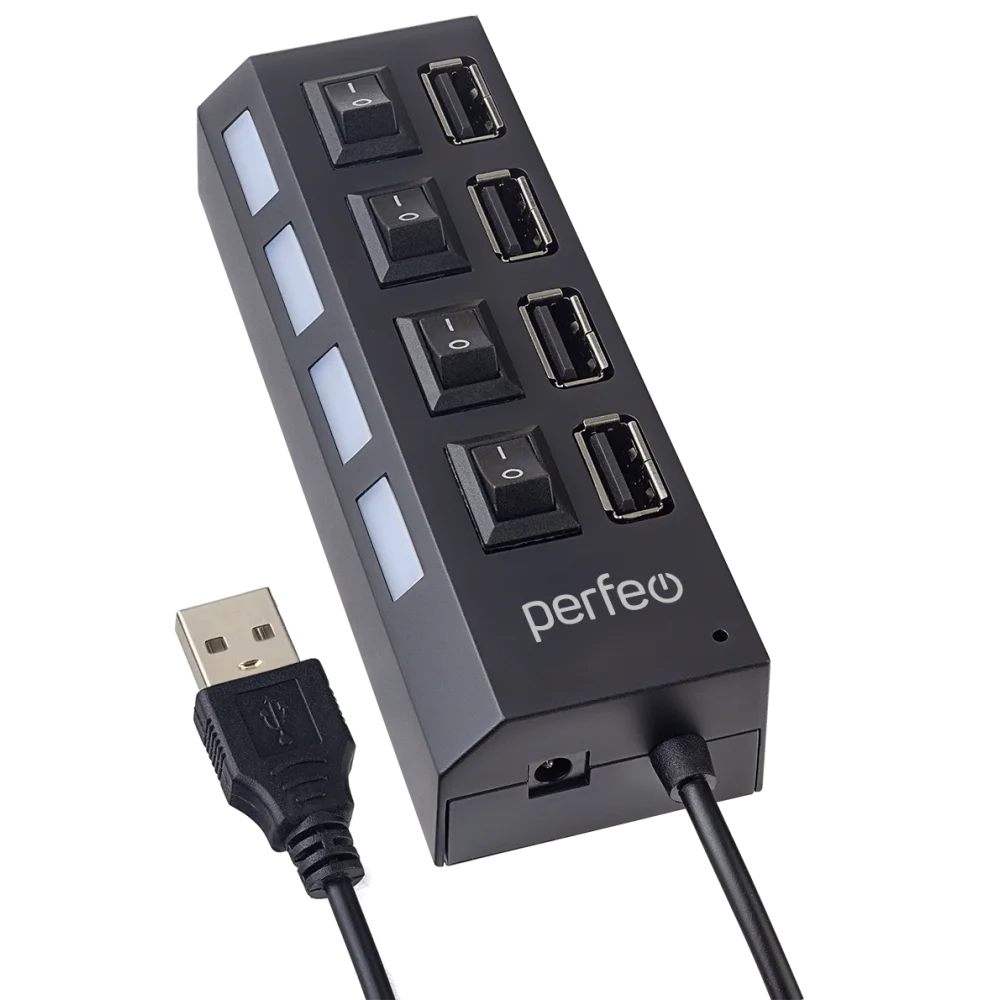Концентратор Perfeo PF-H030 Black, 4xUSB 2.0, черный + Выключатели для каждого разъёма (PF_C3220)