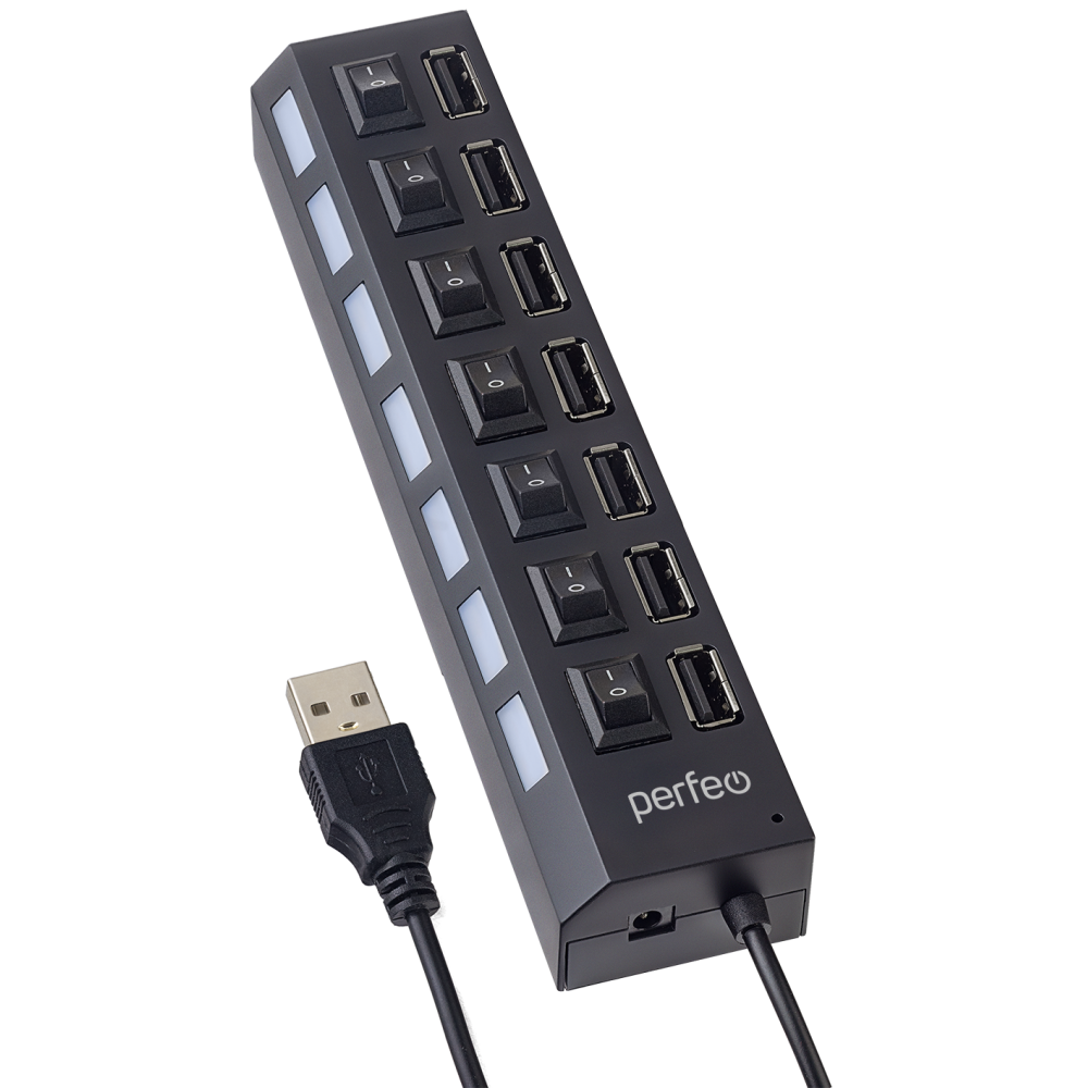 Концентратор Perfeo PF-H033 Black, 7xUSB 2.0, черный + Выключатели для каждого разъёма (PF_C3223)