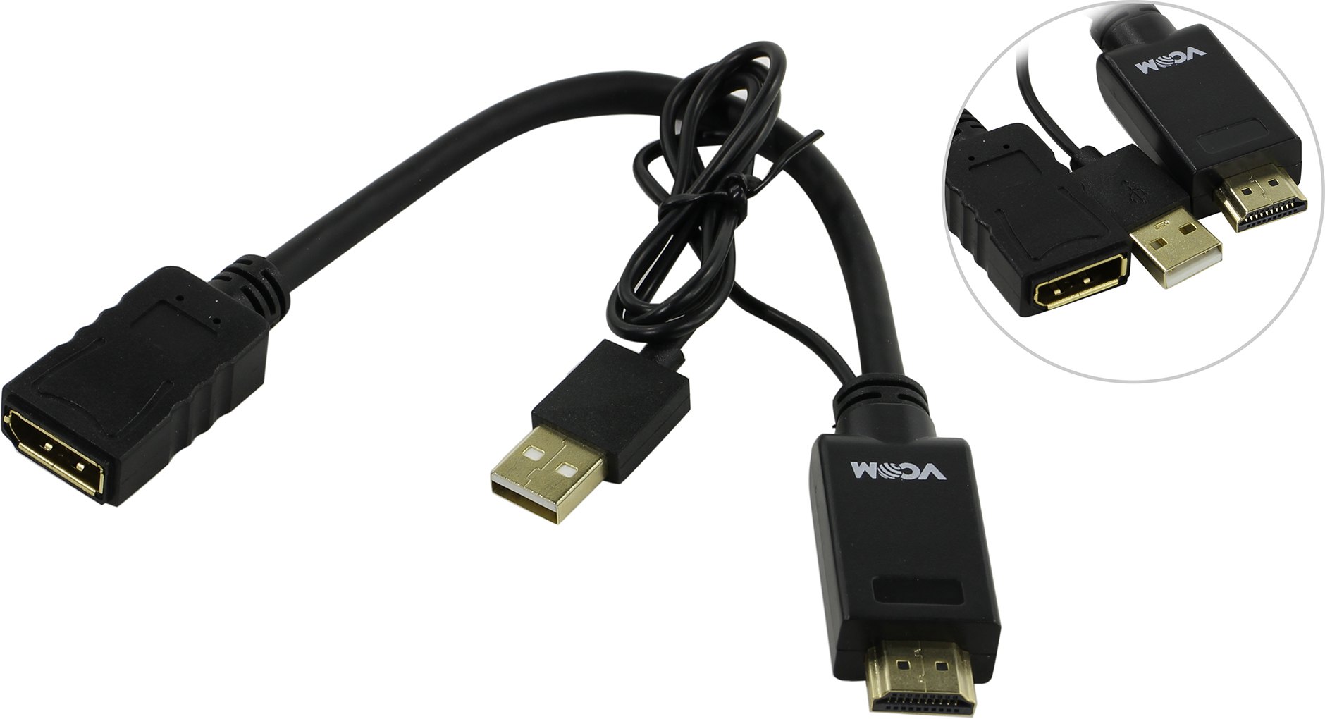 

Кабель-переходник (адаптер) DisplayPort(20F)-HDMI(19M)+USB 2.0A(M) 4K, черный VCOM (CG599-0.15м), 0