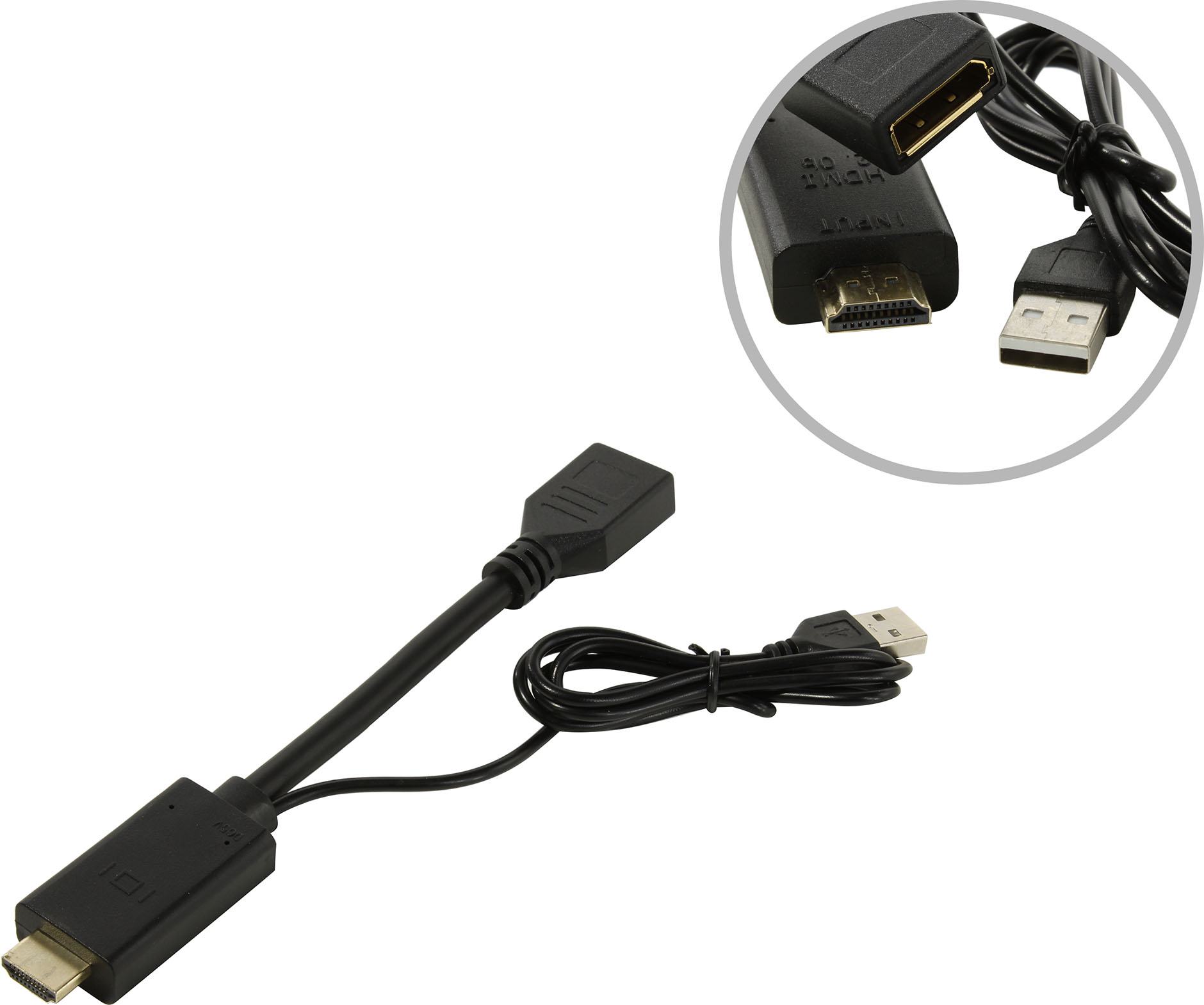 

Кабель-переходник (адаптер) HDMI(19M)/USB(Am)-DisplayPort(20F) 4K, 10 см, черный KS-is (KS-501)