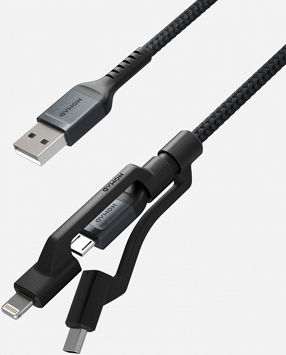 

Кабель USB 2.0(Am)-Lightning 8-pin(m)+Micro USB 2.0(Am)+USB 2.0 Type-C(m), 1.5м, черный Nomad (NM01012B00)