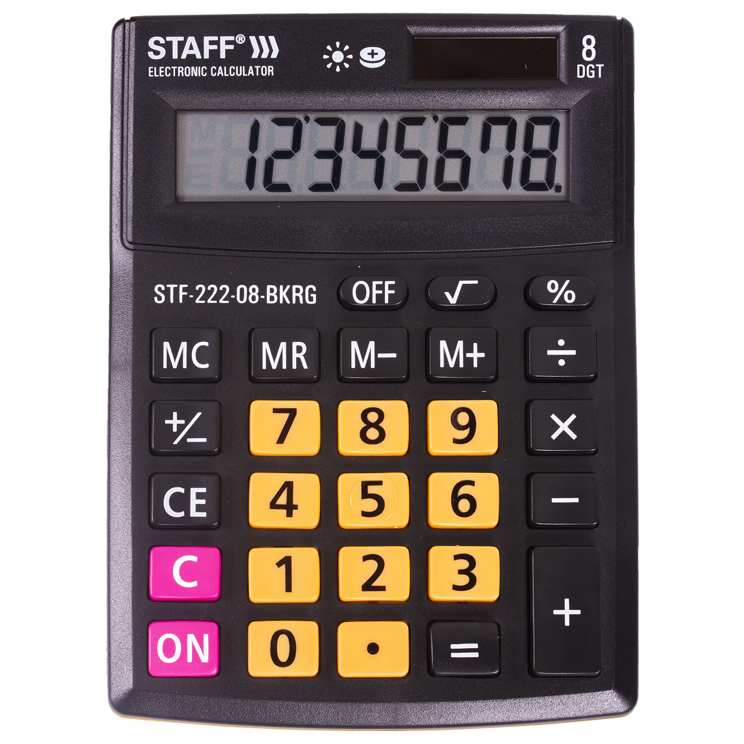 Калькулятор настольный STAFF PLUS STF-222-08-BKRG, 8-разрядный, однострочный экран, черный/оранжевый (250469)