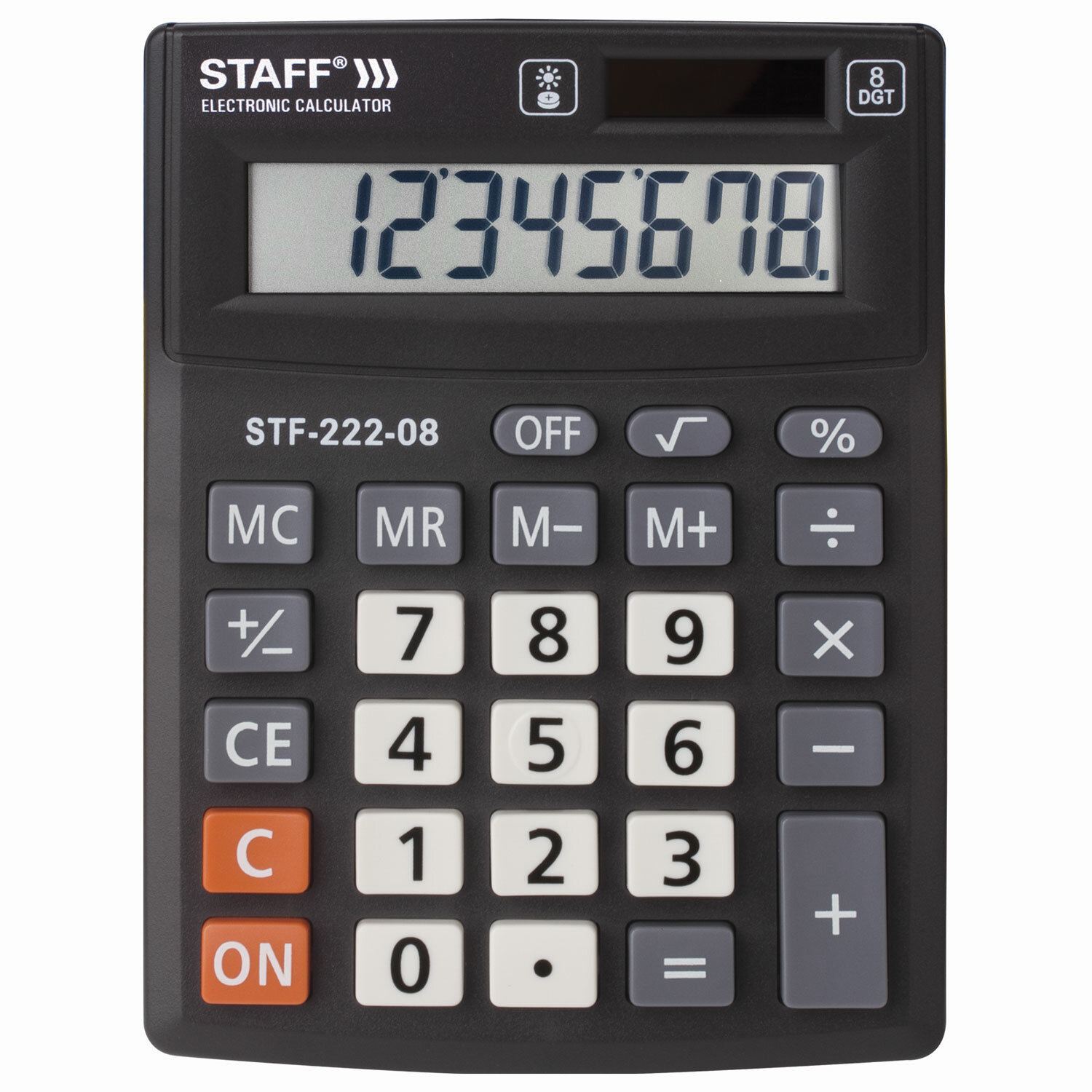 

Калькулятор настольный STAFF PLUS STF-222, 8-разрядный, однострочный экран, черный/серый (250418), PLUS STF-222