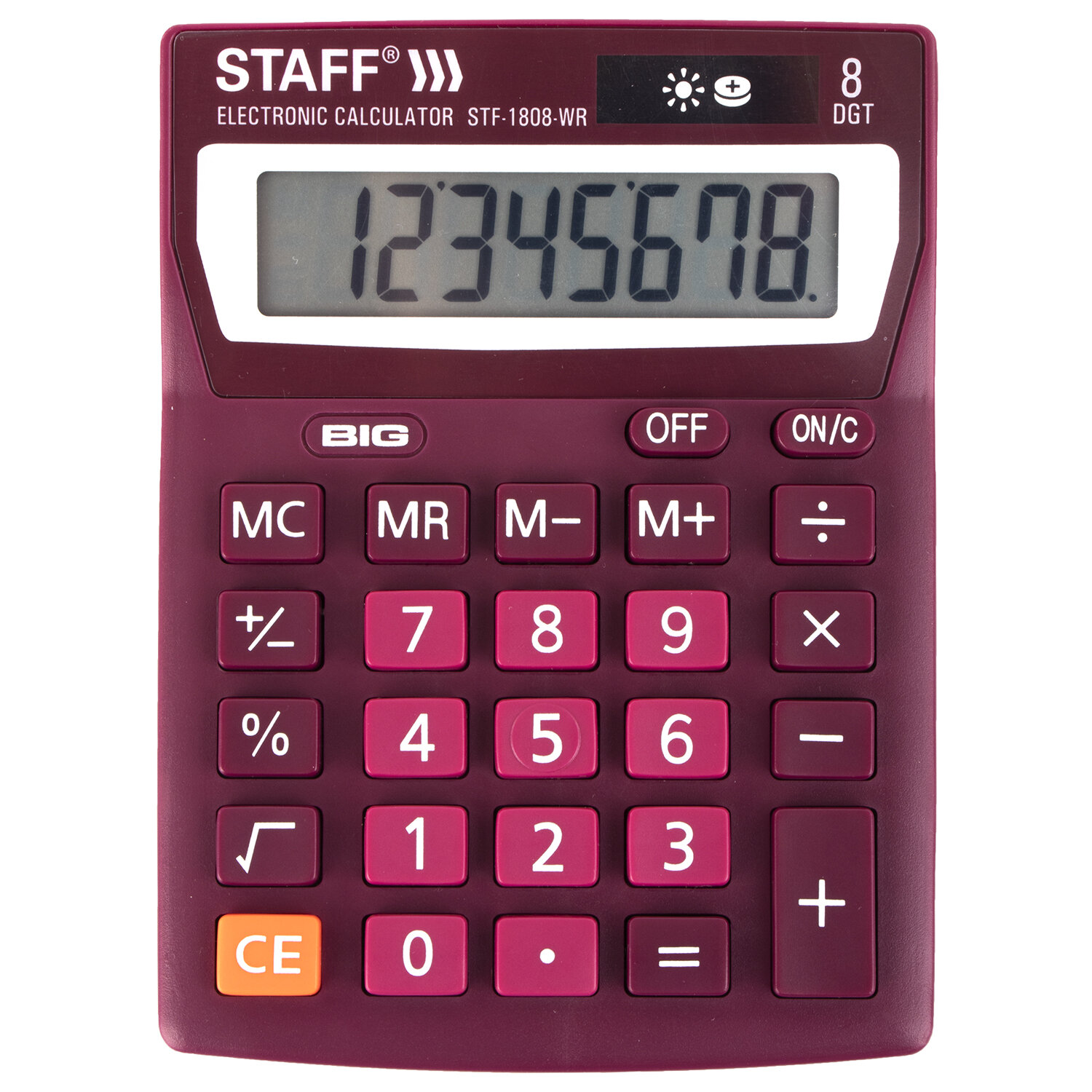 Калькулятор настольный STAFF STF-1808-WR, 8-разрядный, однострочный экран, бордовый (250467)