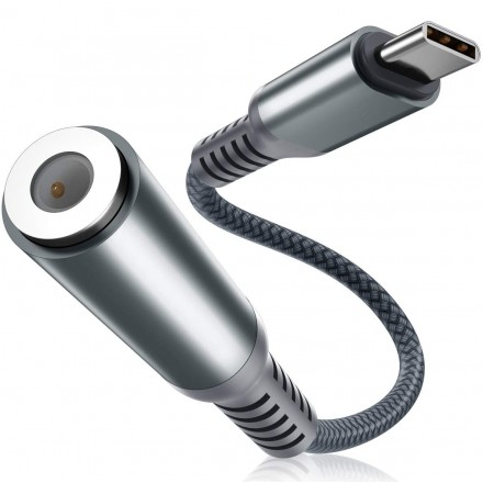 

Кабель Type-C(M)-Jack 3.5mm(F), экранированный, 12см, черный/серебристый KS-is (KS-392)