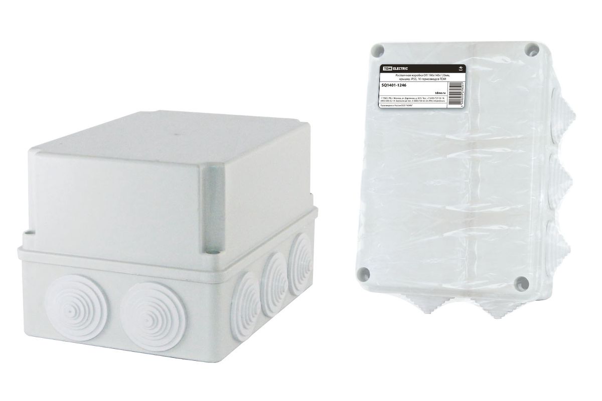Коробка распаячная прямоугольная 19 см x 14 см, глубина 12 см, наружный монтаж, IP55, вводов:10, наличие сальников, серый, с крышкой, TDM (SQ1401-1246)
