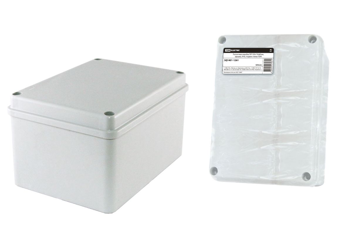 Коробка распаячная прямоугольная 15 см x 11 см, глубина 8.5 см, наружный монтаж, IP44, серый, с крышкой, TDM (SQ1401-1261)