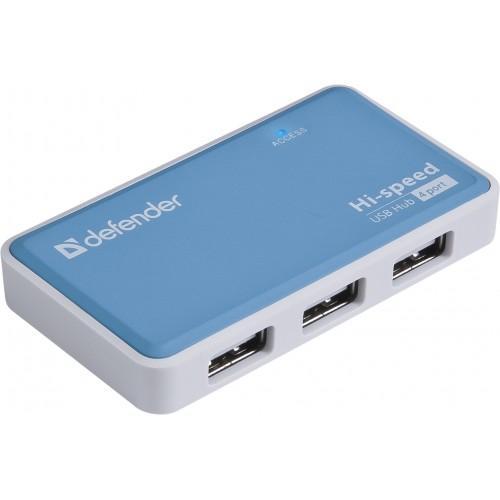 Концентратор Defender Quadro Power, 4xUSB 2.0, блок питания, синий