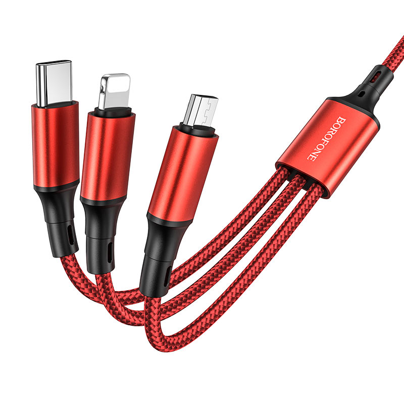 

Кабель USB 2.0(Am)-Lightning 8-pin(m)+Micro USB 2.0(Am)+USB 2.0 Type-C(m), 2.4A, 1м, красный Borofone Fresco BX50, BX50