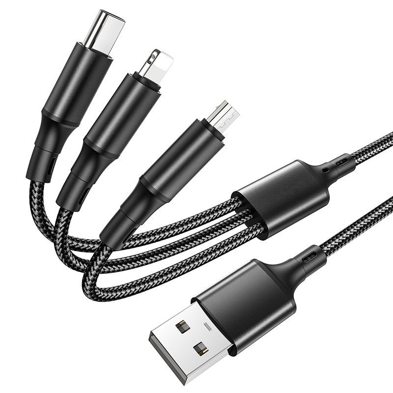 

Кабель USB 2.0(Am)-Lightning 8-pin(m)+Micro USB 2.0(Am)+USB 2.0 Type-C(m), 2.4A, 1м, черный Borofone Fresco BX50, BX50