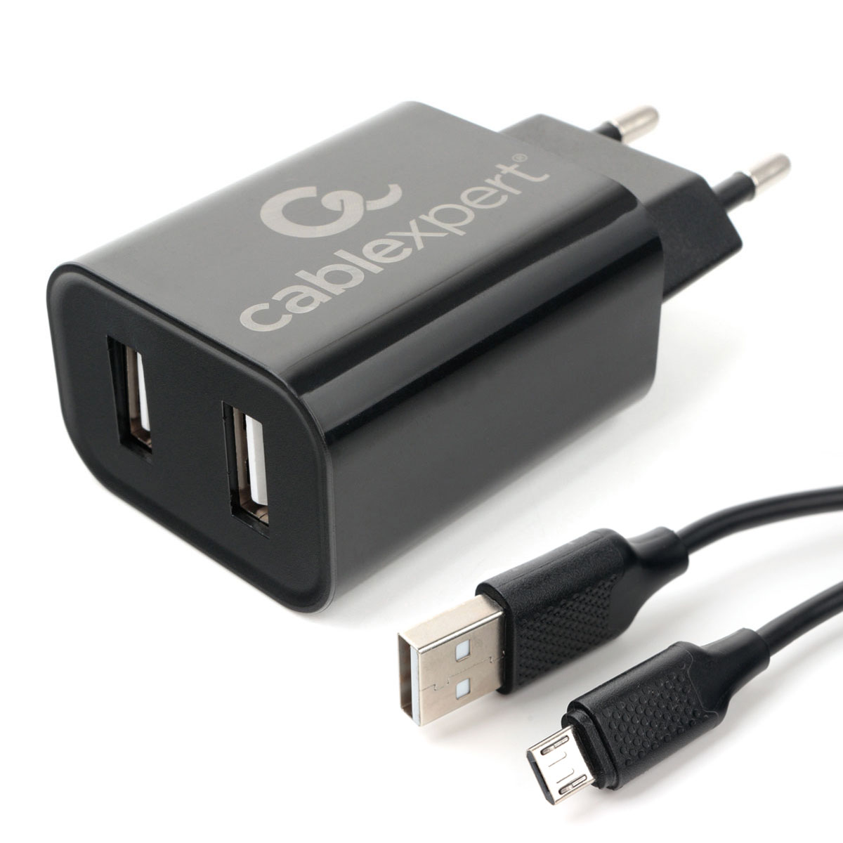

Сетевое зарядное устройство Cablexpert MP3A-PC-35 12W, 2USB, 1.2A, черный, кабель microUSB, MP3A-PC-35