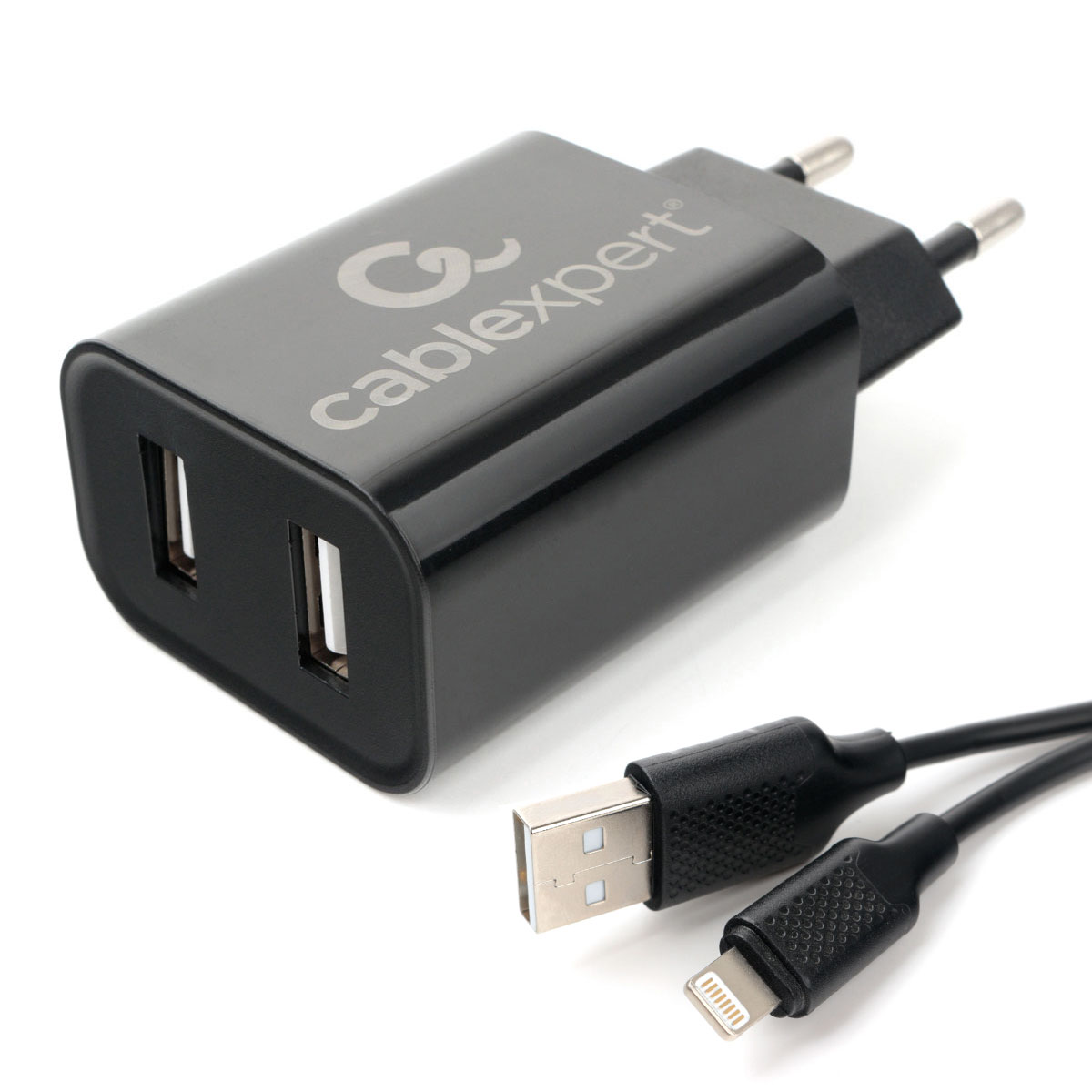 

Сетевое зарядное устройство Cablexpert MP3A-PC-36 12W, 2USB, 2.4A, черный, кабель Lightning, MP3A-PC-36