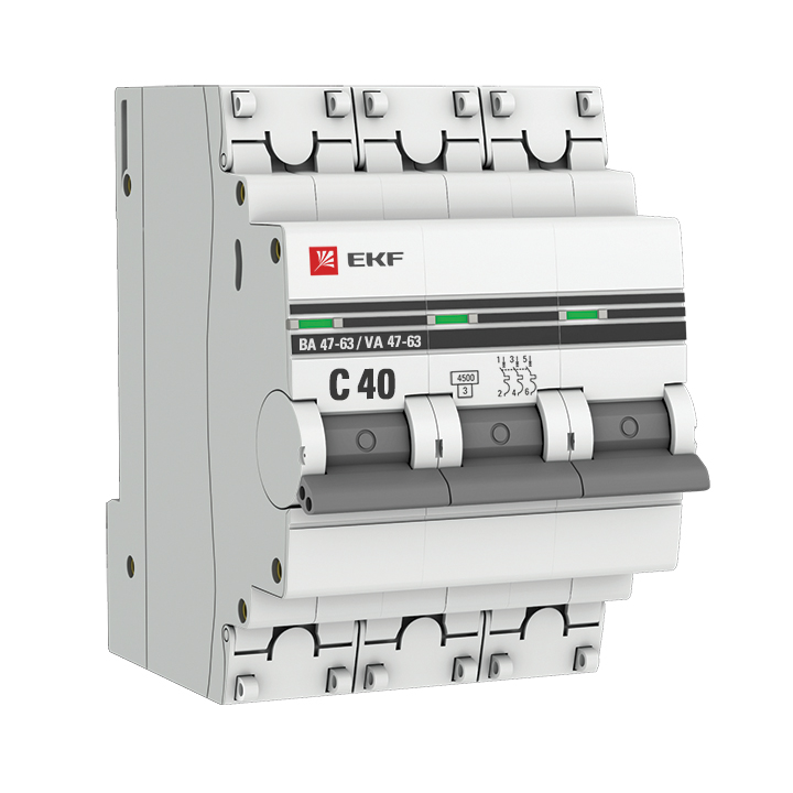 Выключатель автоматический EKF ВА 47-63 PROxima трехполюсный (3P/3П) 40А C 4.5кА (mcb4763-3-40C-pro)